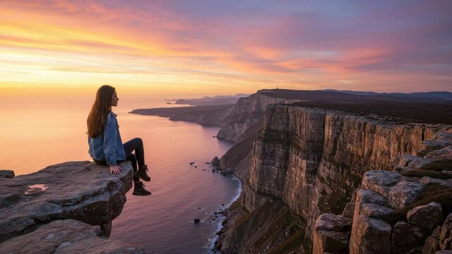 Woman Contemplating Sunset Over Dramatic Coastal Cliffs - A young woman sits on the edge of a cliff overlooking a breathtaking sunset over a rugged coastline. The vibrant colors of the sky and the dra