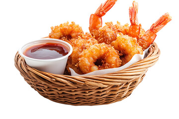 Crispy Fried Shrimp in a Wicker Basket with Sauce on transparent background