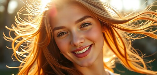 Fototapeta premium Radiant youthful beauty, sun-kissed skin, flowing hair, portrait, nature
