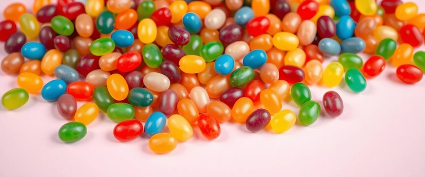 Rainbow jelly beans scattered on pastel surface, whimsical candy arrangement,  pastel,  rainbow
