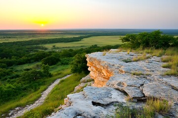 Scenic Sunset View Over Vast Prairie Landscape from Rocky Clifftop Trail