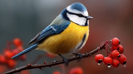 Fototapeta premium Vibrant bird perched on branch with berries
