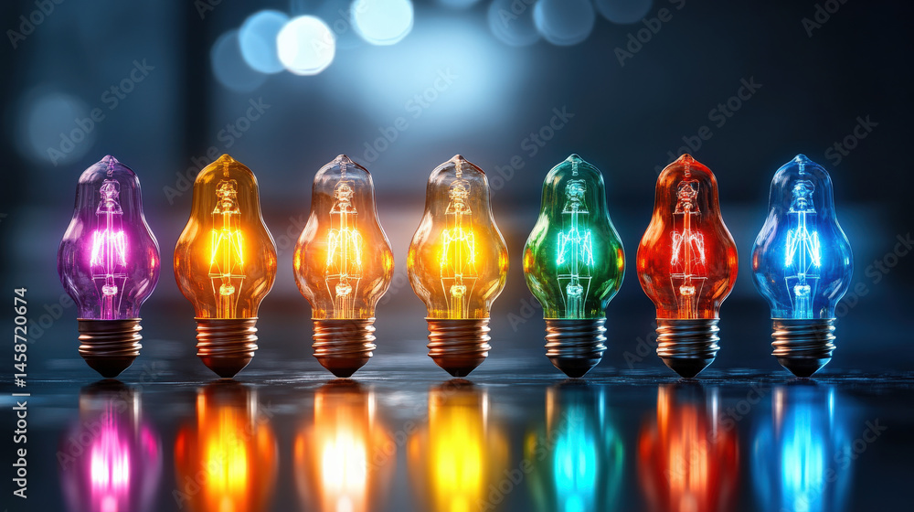 Aufkleber colorful light bulbs in row create vibrant and creative atmosphere, reflecting on glossy surface. va