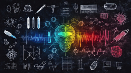 Colorful digital illustration of human skull surrounded by scientific and medical symbols, including DNA strands, syringes, and molecular structures, set against dark background