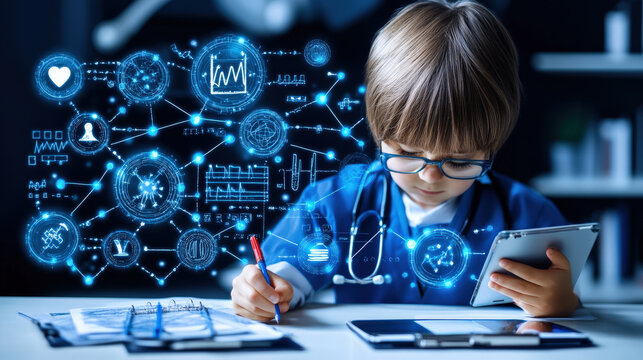 Young child in medical attire interacts with digital technology, using tablet and writing notes, surrounded by futuristic holographic medical icons
