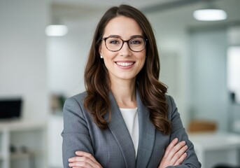 Smiling woman in gray blazer with crossed arms and glasses in an office setting looking at the camera