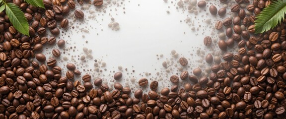 Coffee beans arranged around a white space with green leaves adding a natural touch to the design