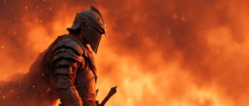 Warrior in fiery backdrop