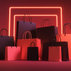 Shopping Bags with Neon Backdrop: Array of colorful shopping bags arranged artistically against a vibrant neon backdrop. This visual encapsulates the essence of retail therapy and consumerism.