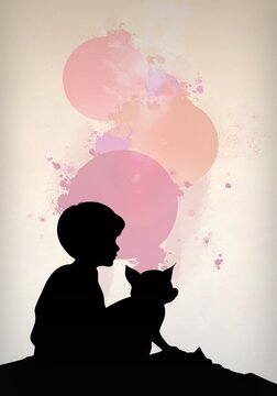 Little boy with his friend pet. SIlhouette
art