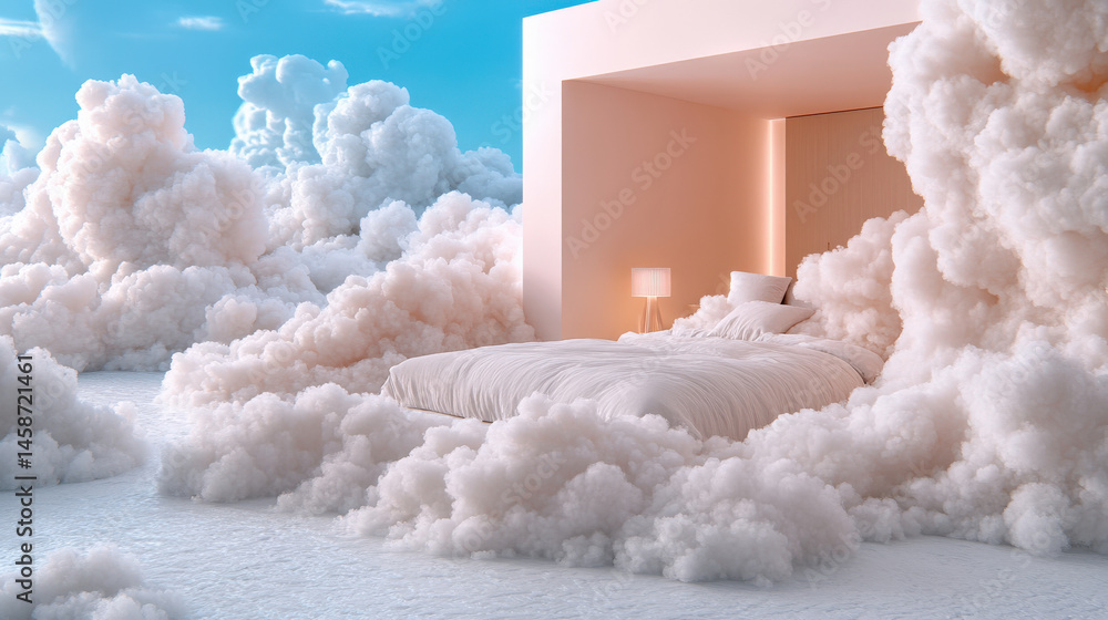 Poster Dreamy bedroom scene with bed surrounded by fluffy clouds, creating serene and ethereal atmosphere. soft textures and diffused light enhance tranquil setting
