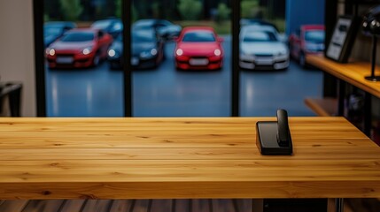 Modern wooden desk with a phone in a car dealership.