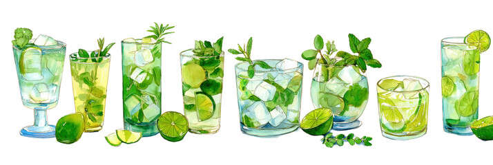 Gin cocktail collection showcasing botanical garnishes. Watercolor illustration on transparent background.
