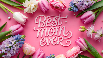 Flowers on pink pastel background. Pink Happy Mother's Day composition for greeting card, banner. Concept with pink flowers. Flat lay design with pink flowers. Border with tulips on pink background