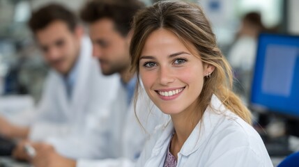 Woman in lab coat smiles, colleagues blurred