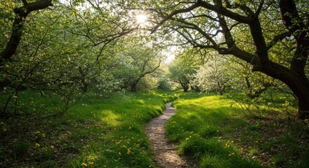 Obraz premium Path winds through a lush green forest with trees and sunlight filtering through.
