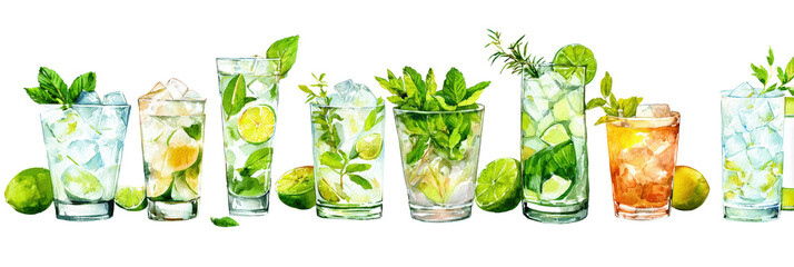 Collection of colorful cocktails garnished with citrus and herbs. Watercolor illustration on transparent background.