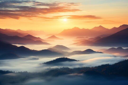 Serene mountain landscape shrouded in ethereal mist at dawn, illuminated by soft sunlight