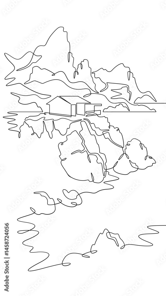 Poster continuous one line drawing house on the lake shore.mountain lake.house by the water.vertical pictur