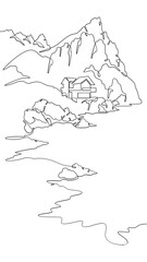 Fototapeta premium Continuous one line drawing house on the lake shore.Mountain lake.House by the water.Vertical picture.One continuous line isolated minimal vertical illustration.Not AI.