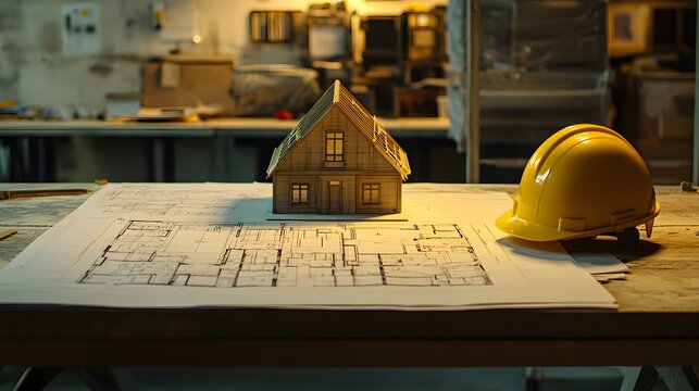 Wooden house model and blueprints on a work surface.