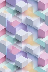 Obraz premium A colorful pattern of cubes is displayed on a white background. The cubes are arranged in a way that creates a sense of depth and dimension. The colors are bright and vibrant