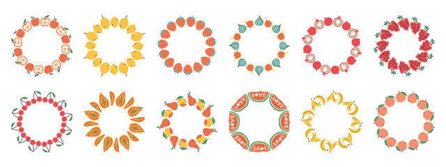 Fruit frame set. Different fruits design template, copy space. Cute hand drawn fruits round frame in doodle style. Circular template. Hand drawn fruits circle border.