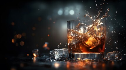 A rich, amber liquid drink with ice, splashing.