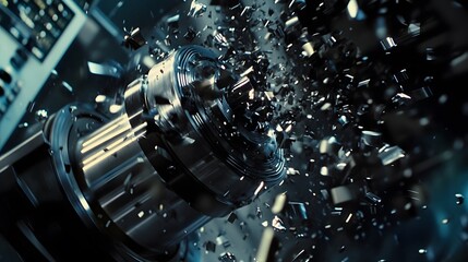 Metal parts shattering in a powerful machine operation.