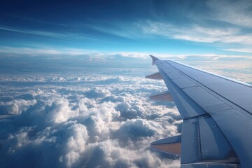 Obraz premium Mesmerizing views from a passenger window revealing an airplane wing gliding above a sea of fluffy clouds under a serene blue sky