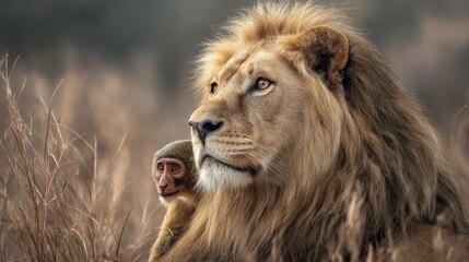 Fototapeta premium Majestic Asiatic lion watches over lush savannah while baby monkey playfully clings to its magnificent mane in a serene moment of wildlife harmony