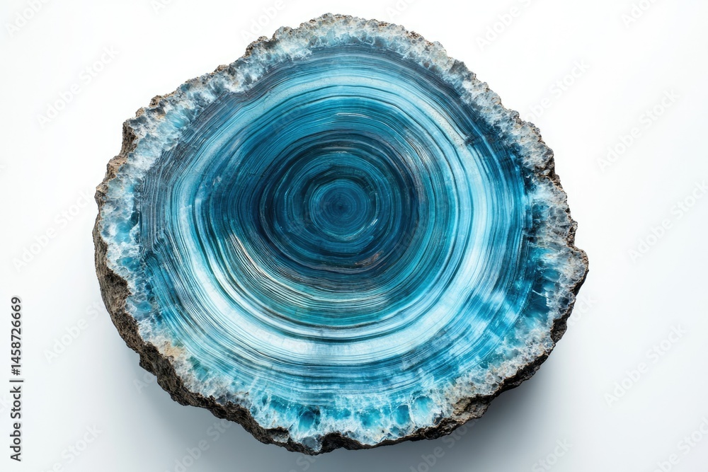 Poster a mesmerizing cross-section of a blue gemstone revealing concentric circular patterns and textures.
