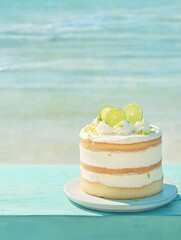 The image is of a cake on a white cake stand on a turquoise wooden table. the cake is a three-tiered cake with a light orange base and white frosting.