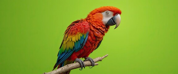 Scarlet macaw perched on a branch against a solid green backdrop in a studio setting looking left