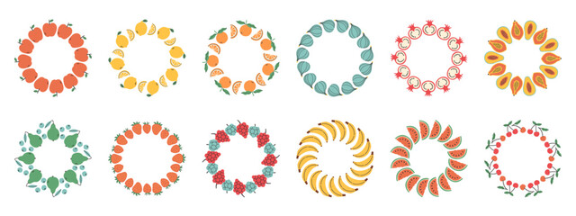 Fruit frame set. Different fruits design template, copy space. Cute hand drawn fruits round frame in doodle style. Circular template. Hand drawn fruits circle border.