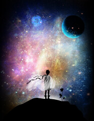 Young boy with magical cape and crown on his head. Silhouette art