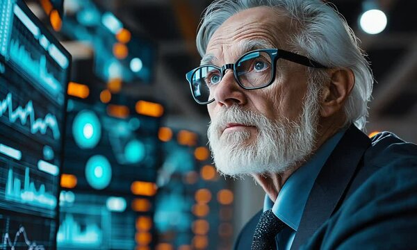 White-bearded caucasian man with glasses working at futuristic control panel with glowing lights. Concept of senior expertise in technology
