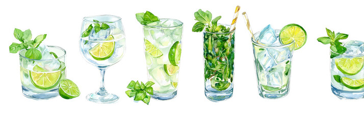 Selection of gin cocktails decorated with botanicals and citrus. Watercolor illustration on transparent background.