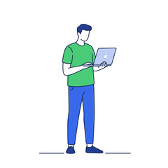 Man Working on Laptop: A stylized illustration of a man standing and working on his laptop. The illustration uses a minimalist color palette.