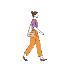 Woman Walking with Shoulder Bag Side View Line Art Illustration