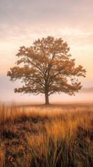 Fototapeta premium Solitary oak tree in a foggy autumn field during golden hour