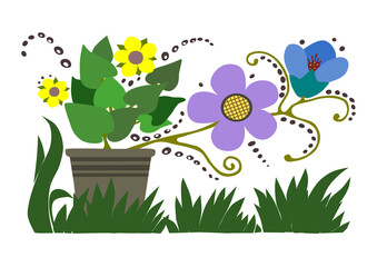 Bright flowers in a pot among green grass. Cartoon illustration vector