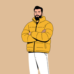 Man with Beard in Yellow Puffer Jacket Arms Crossed Illustration