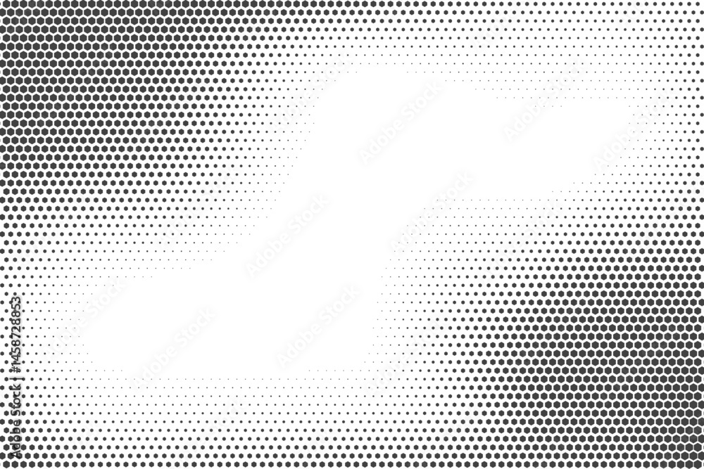 Poster Hexagonal halftone pattern. Honeycomb fade vector shadow on white background. Abstract textured geometric gradient. Hex dynamic shapes. Simple grid dynamic gradation of cells