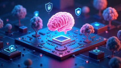 Digital brain with security symbols above a circuit board.