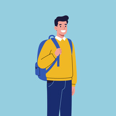 Smiling Student with Backpack: A cheerful young man with a bright smile, ready for a day of learning, sports, or adventure.  He's confidently carrying a blue backpack, symbolizing youth and potential.