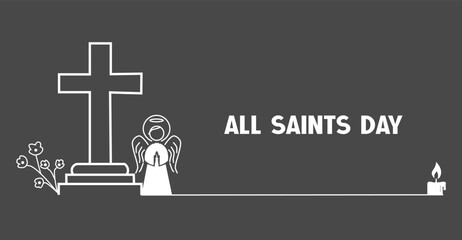 All Saints Day Minimalist Design with Cross, Angel, and Candle Icon
