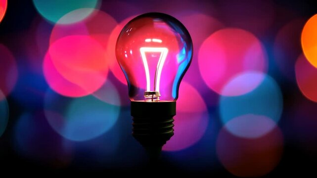Illuminated lightbulb against colorful bokeh background.