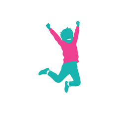 Joyful Leap: A silhouette of a young child enthusiastically leaps into the air, arms raised in a gesture of pure joy and unbridled happiness.