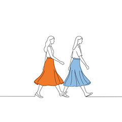 Two Women Walking Silhouette: A minimalist line drawing showcases two women gracefully strolling, their silhouettes against a simple background, emphasizing simplicity and movement.